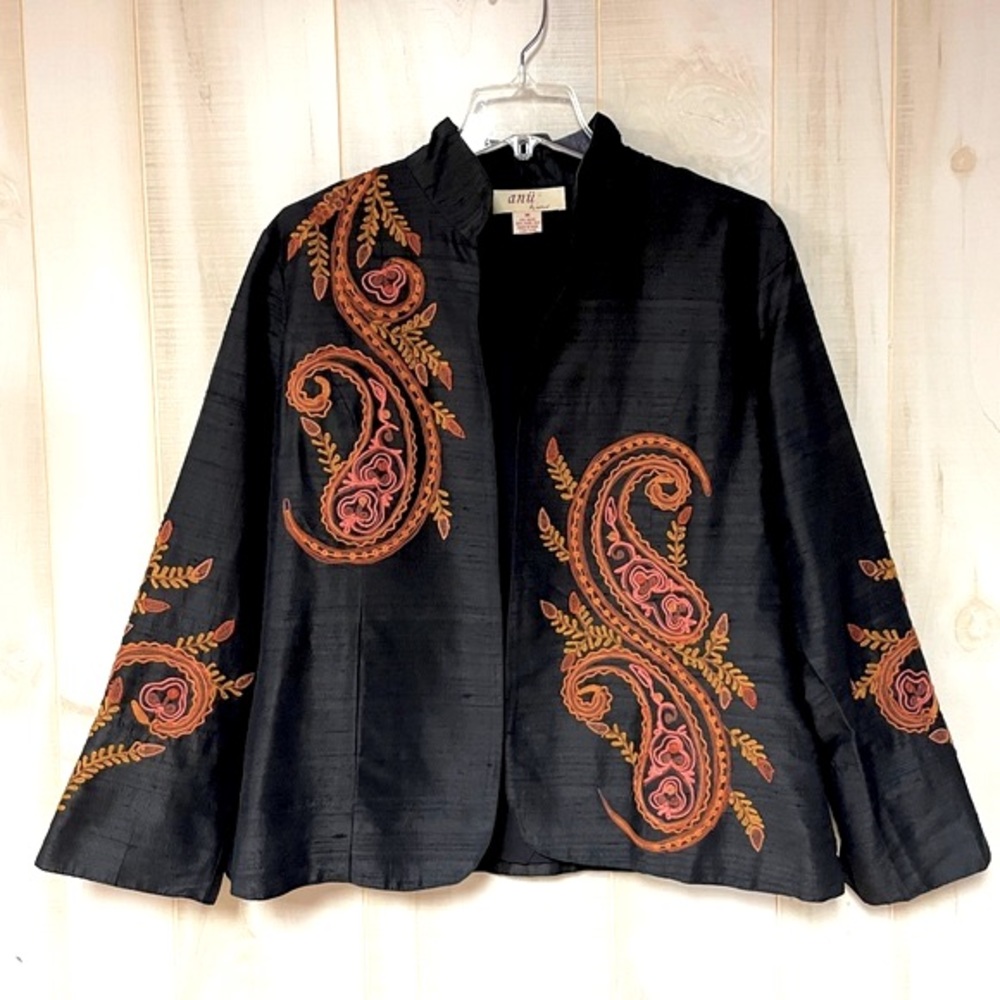 Anu 100% Silk Black Orange Embroidered Jacket Sz M Paisley
